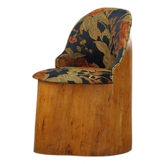 Mid-Century Swedish Pine Stump Chair / Kubstol with Floral Upholstery, 1960s For Sale