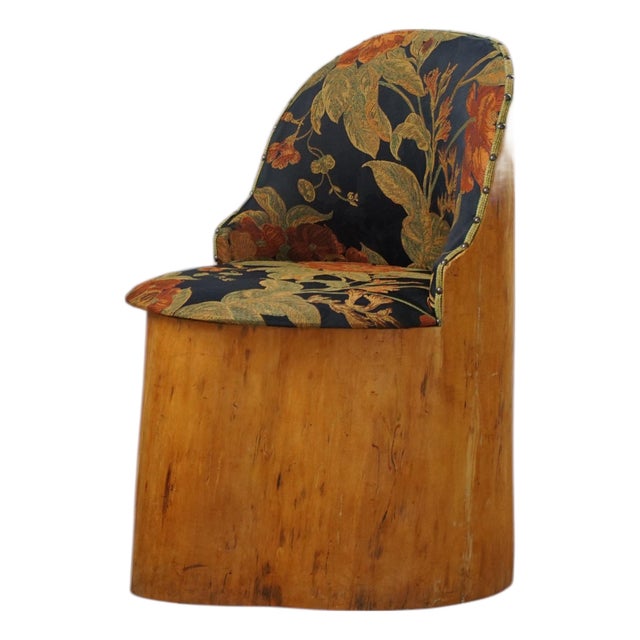 Mid-Century Swedish Pine Stump Chair / Kubstol with Floral Upholstery, 1960s For Sale