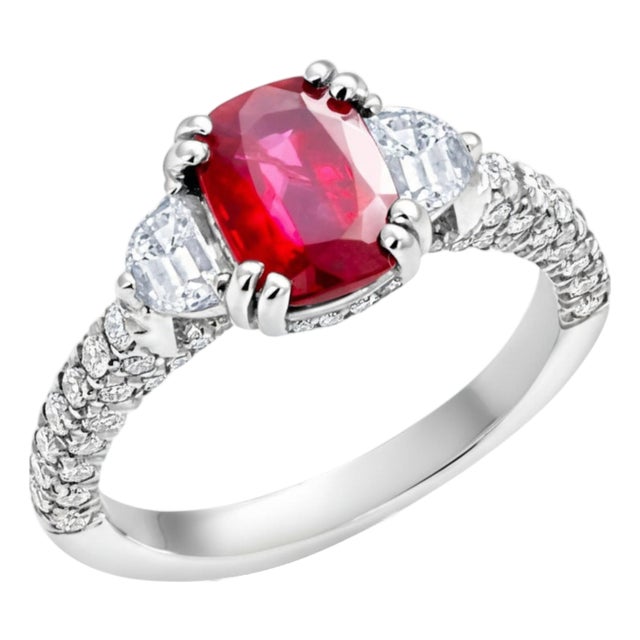 Gia Certified No Heat Cushion Ruby Half Moon Diamond Platinum Cocktail Ring, Size 6.5 For Sale