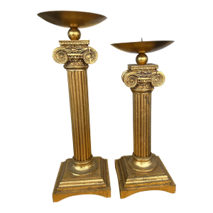 Late 20th Century Gold Pillar Candle Holders- a Pair