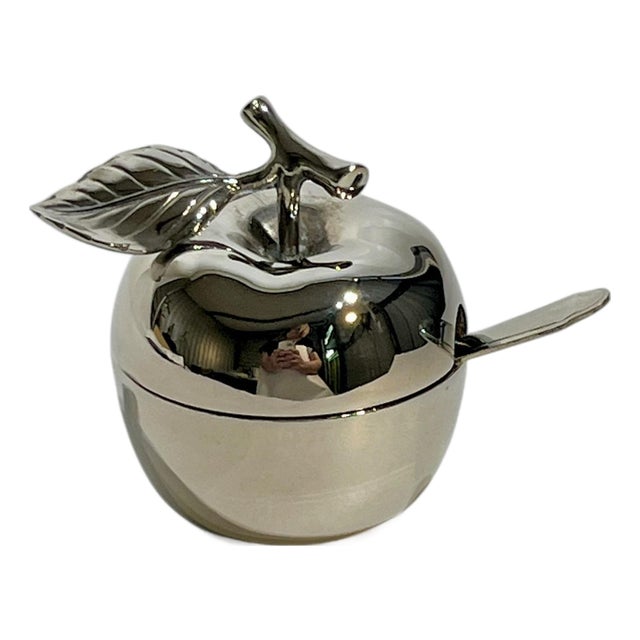 Vintage Silver-Tone Apple Mustard Pot With Lid & Spoon – Mid Century French Style For Sale