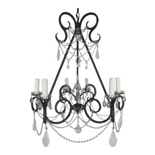 Mid 20th Century Six-Light Rock Crystal Wrought Iron Chandelier For Sale