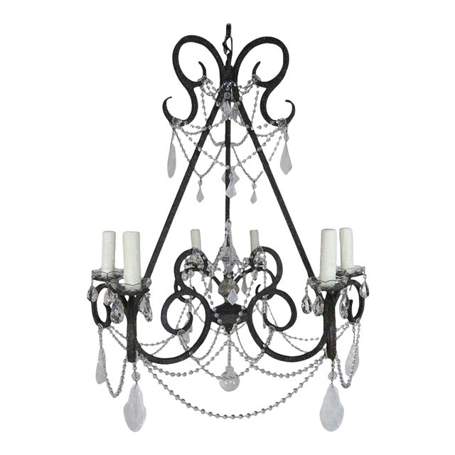 Mid 20th Century Six-Light Rock Crystal Wrought Iron Chandelier For Sale