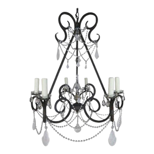 Mid 20th Century Six-Light Rock Crystal Wrought Iron Chandelier
