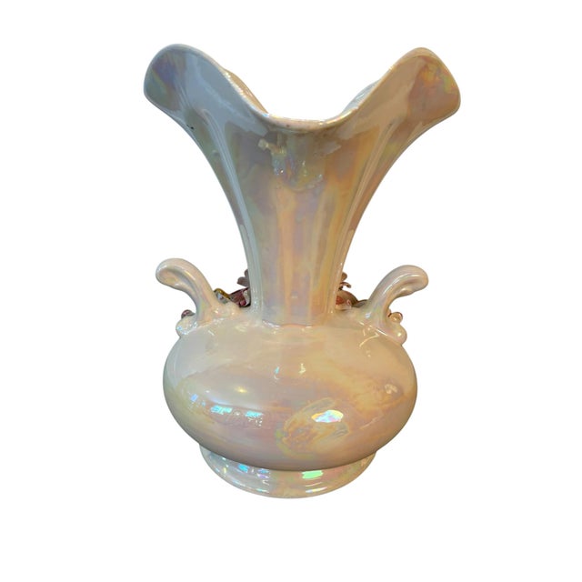 Late 20th Century Vintage Capodimonte Iridescent Floral Fan Vase, Made in Italy, Applied Flowers & Gold For Sale - Image 5 of 7