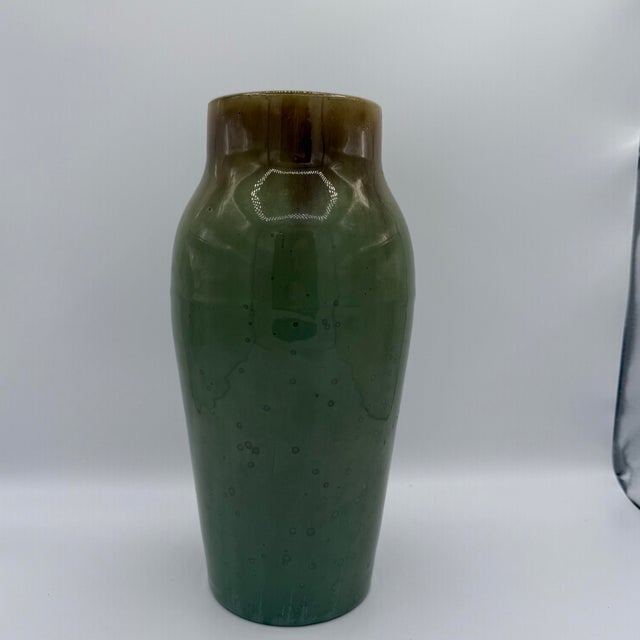 Ceramic Antique Early Fulper Arts & Crafts Moss Green Drip Glaze Vase – Signed Oval Mark, c.1915 For Sale - Image 7 of 7