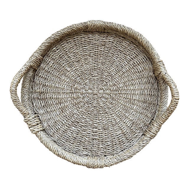 Vintage French 21” Woven Tray With Handles For Sale