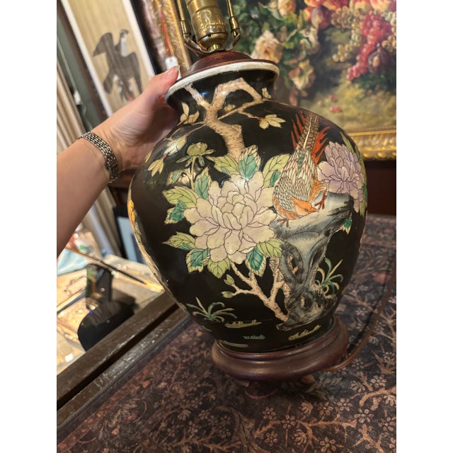 Ceramic Vintage Japanese Famille Noire Black Porcelain Table Lamps - Hand Painted - a Pair For Sale - Image 7 of 9