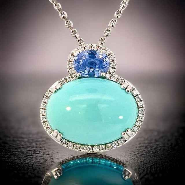 Metal Persian Turquoise Sapphire Diamond Necklace 17" 14k WG 19.03 TCW Certified For Sale - Image 7 of 15