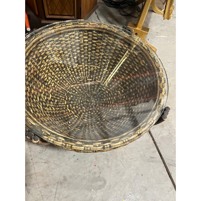 1970s 1970s Bamboo Drum Glass Top Coffee Table For Sale - Image 5 of 5