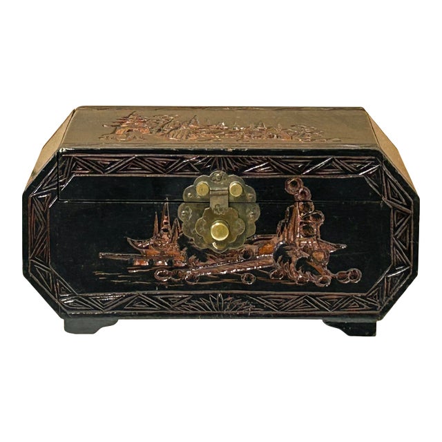 Vintage Asian Black Copper Color Scenery Motif Storage Accent Box For Sale