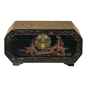 Vintage Asian Black Copper Color Scenery Motif Storage Accent Box