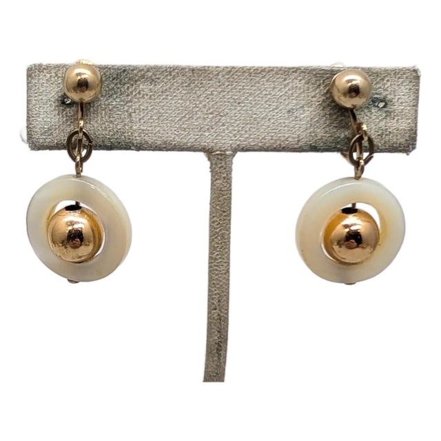 Vintage Signed Napier Goldtone Mother of Pearl Disc Drop Clip Earrings-2 Pieces For Sale