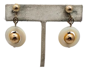 Vintage Signed Napier Goldtone Mother of Pearl Disc Drop Clip Earrings-2 Pieces