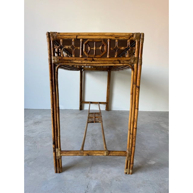 Brown Vintage Bamboo & Leather Chinese Chippendale Fretwork Console Table With Parquet Top/Sold For Sale - Image 8 of 12