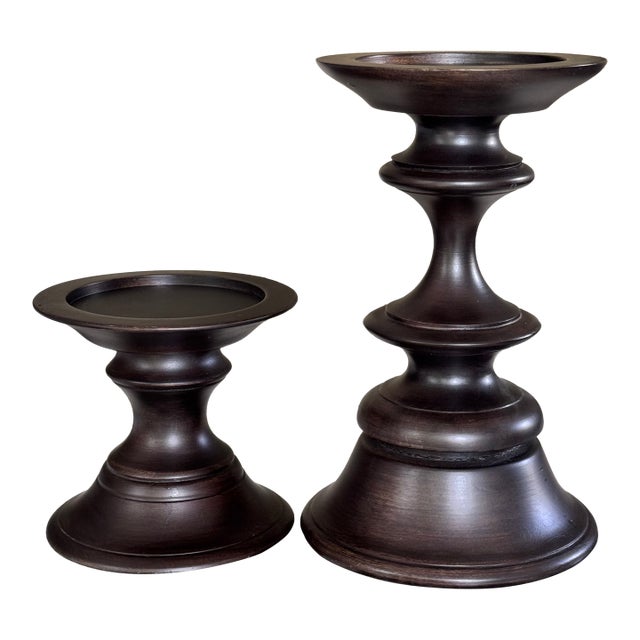 Vintage Pottery Barn Turned Wood Pillar Candle Holders - A Pair For Sale