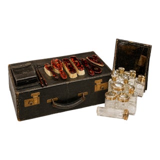 Gilded Age Antique Vanity Dressing Set Leather Case French Sterling Silver Jar Scent Perfume Bottle Brushes Grooming For Sale