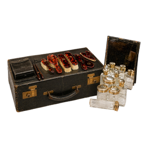 Gilded Age Antique Vanity Dressing Set Leather Case French Sterling Silver Jar Scent Perfume Bottle Brushes Grooming