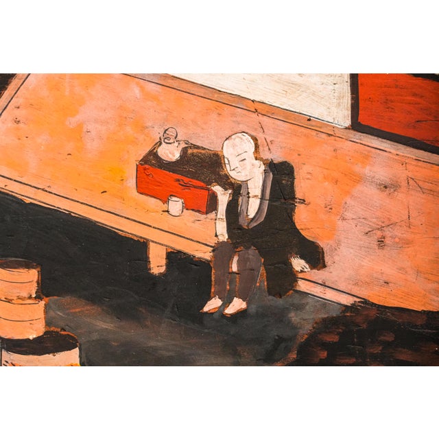 Black Incredible Antique Japanese Hand Painted Tsuitate Wood Table Screen Traditional Sake Brewery Scene Japan Asian Home Decor For Sale - Image 8 of 16