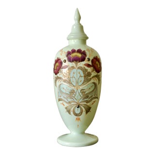 Bohemian Uranium Opaline Glass Jar With Enamel Lotus Decoration – 3d Embossed, Circa 1870s For Sale