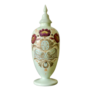 Bohemian Uranium Opaline Glass Jar With Enamel Lotus Decoration – 3d Embossed, Circa 1870s