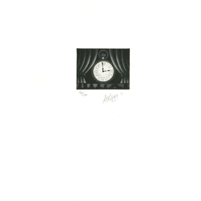 Clock is original etching on paper, realized by the French artist and print-maker master Mario Avati (1921-2009). Hand-...