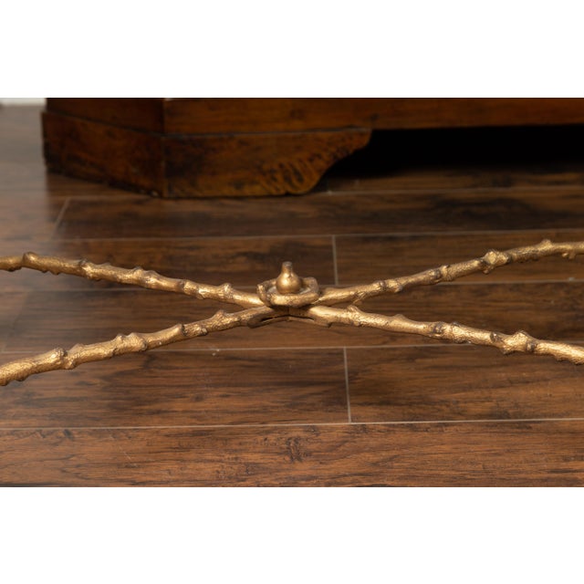 Pair of Midcentury Gilt Bronze Glass Tops Console Tables with Faux Bois Motifs For Sale - Image 11 of 12
