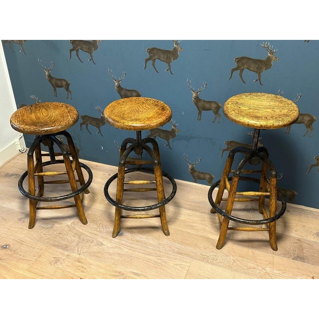 Wood Vintage Industrial Stools, Set of 3 For Sale - Image 7 of 8