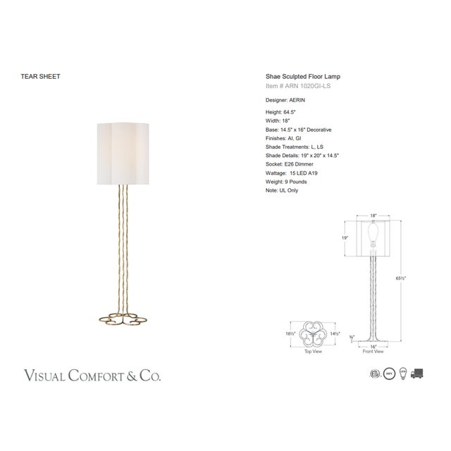 AERIN by Visual Comfort Signature Shae 65" Sculpted Floor Lamp in Gilded Iron with Linen Scallop Shade Designer: AERIN...