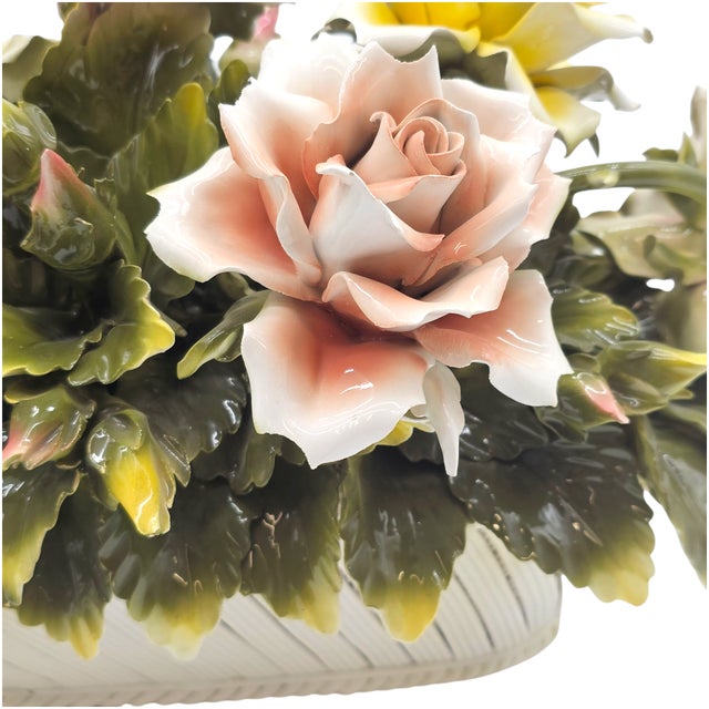 Italian Handcrafted Porcelain Rose Basket Centerpiece – Blush & Yellow Floral Sculpture For Sale - Image 15 of 15