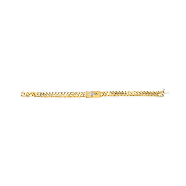 Contemporary 14K Yellow Gold Plated .925 Sterling Silver Diamond Accent Inlaid Cross Cuban Link Bracelet (I-J Color, I3 Clarity)- 7.25" For Sale - Image 3 of 5