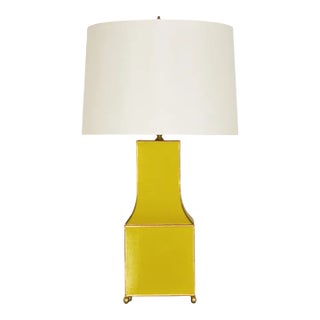 Matthew Izzo Home - Renata Hand-Painted Yellow Tole Tamp Lamp With Cream Silk Shade and Gold Trim For Sale