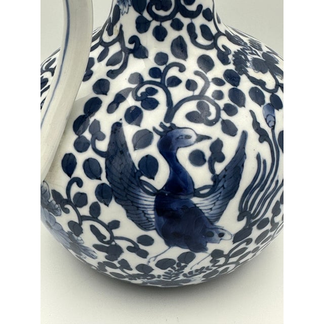 Chinoiserie Vintage Chinoiserie Blue & White Porcelain Ewer – Hand Painted Birds & Florals For Sale - Image 3 of 10