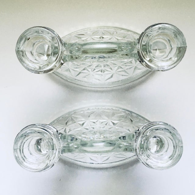 Art Nouveau Vintage Pressed Glass Double Candlesticks- A Pair For Sale - Image 3 of 6