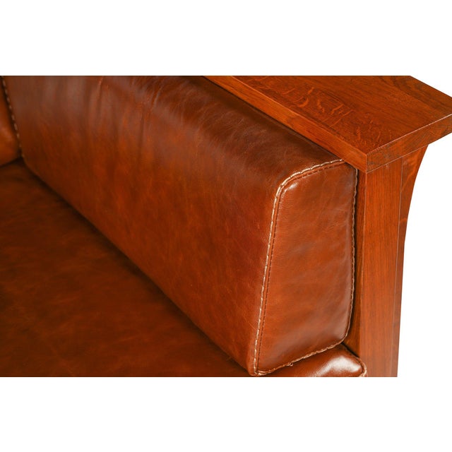 American Crafters and Weavers Arts and Crafts / Craftsman Cubic Slat Side Arm Chair Chestnut Brown Leather For Sale - Image 3 of 5