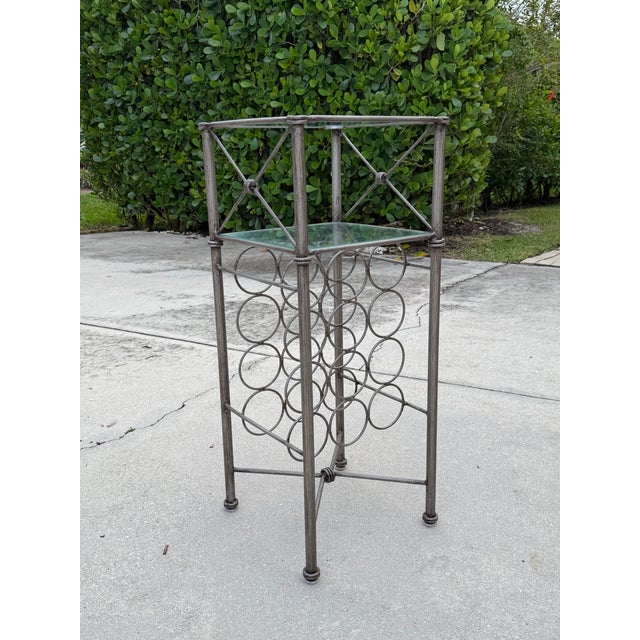 Gray Vintage Giacometti-Style Iron Wine Rack With Glass Shelves For Sale - Image 8 of 8