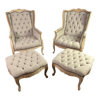 Pair of French Wingback Armchairs W/ Ottomans For Sale