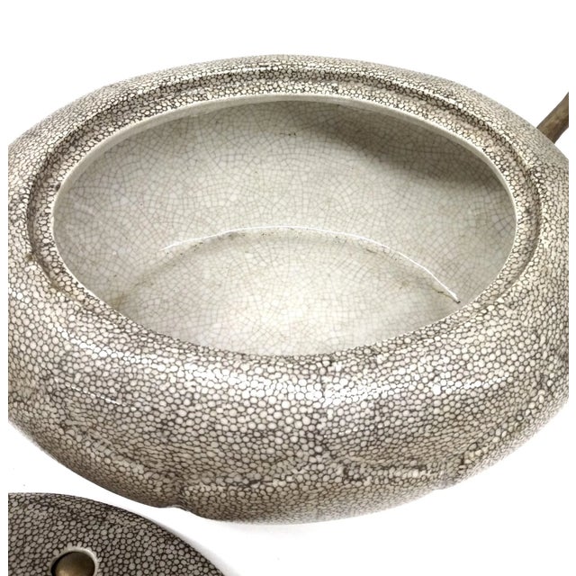 Ceramic Lidded Bowl with Brass & Bamboo Handles For Sale In Portland, ME - Image 6 of 10