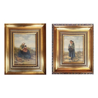 J. De Zon, Mother and Child in the Dunes, Oil on Wood, Framed, Set of 2 For Sale