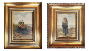 J. De Zon, Mother and Child in the Dunes, Oil on Wood, Framed, Set of 2