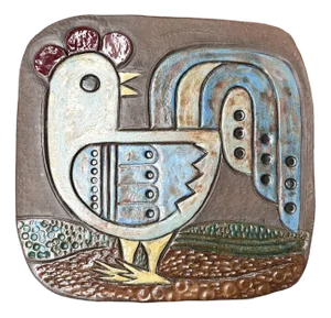 Mid-Century Pottery Wall Plaque with Chicken Rooster Decor, 1960s