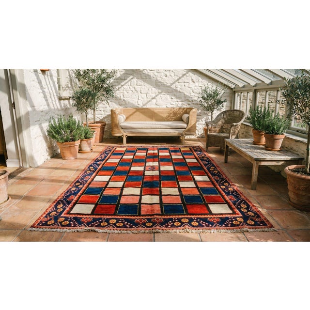 Red 1930s Multicolor Checks Tribal Antique Persian Gabbeh Rug 6'8" X 10'2" Handknotted Wool Carpet For Sale - Image 8 of 9