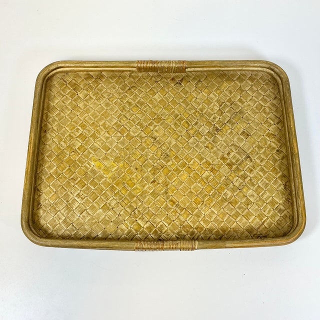 Mid-Century Boho Chic Coastal Gold Gilt Washed Wicker and Bentwood Tray For Sale - Image 12 of 15