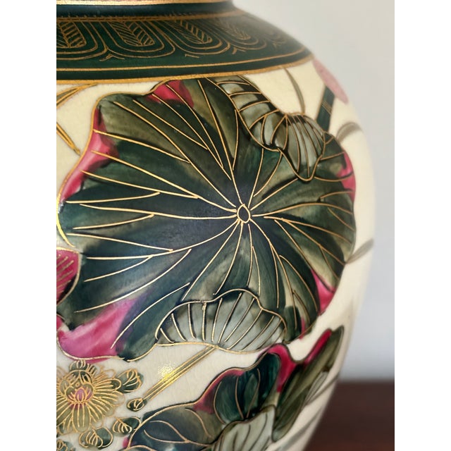 Large Late-20th Century Japanese Satsuma-Inspired Ginger Jar W/ Wooden Stand For Sale In Baltimore - Image 6 of 12
