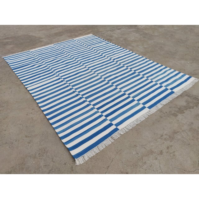 Mid-Century Modern Handmade Cotton Striped Rug, Up Down Stripe Blue and White - 10'x11' For Sale - Image 3 of 10