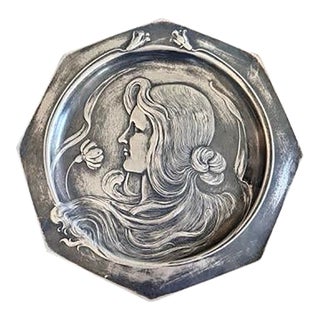 Antique Art Nouveau Maiden Portrait Octagonal Silver-Tone Metal Plate For Sale