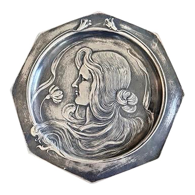 Antique Art Nouveau Maiden Portrait Octagonal Silver-Tone Metal Plate For Sale