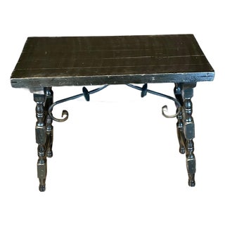 Antique Ebony Spanish Console Table With Curved Wrought Iron Stretchers For Sale