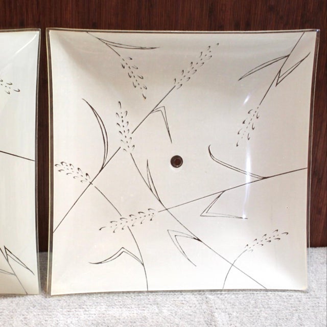 Mid-Century Modern Large Vintage Square Glass Ceiling Light Shade W/ Wheat Grass Design For Sale - Image 3 of 4