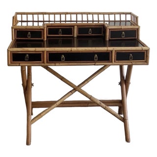 1960s Campaign Faux Bamboo & Black Lacquer Writing Desk, Attributed to E. Murio For Sale